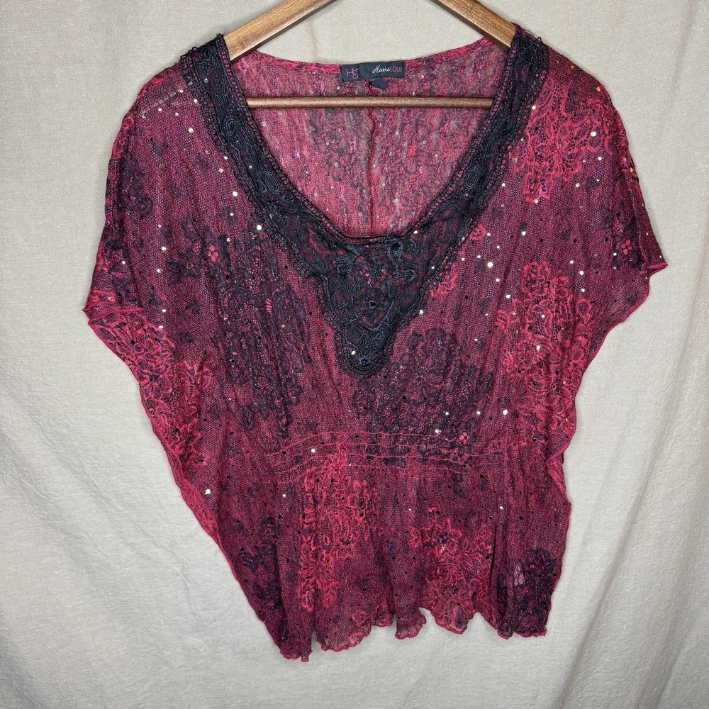 Heart Soul Women's  Size L Sheer Open Sleeve Lace Red Black Gold Sequin Boho Y2K